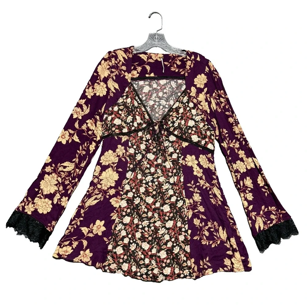 Free People Odette Floral Lace Tunic Top Medium Espresso Purple Boho Bell Sleeve